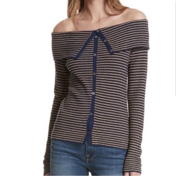 FRAME Off Shoulder Textured Wool Blend Sweater in Blue/Mustard Yellow - Picture 2 of 12